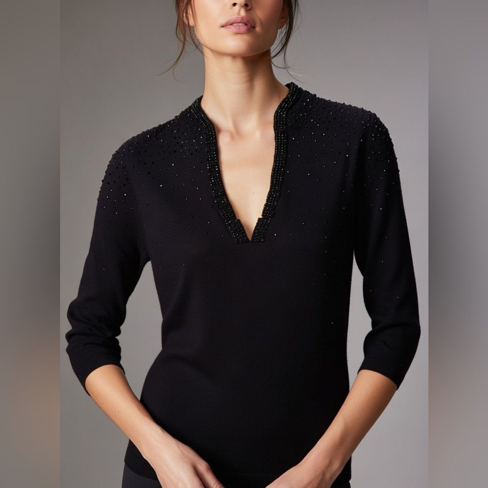 Tory Burch 100% Knit Wool Black Embellished Sweater 3/4 Sleeve Size M